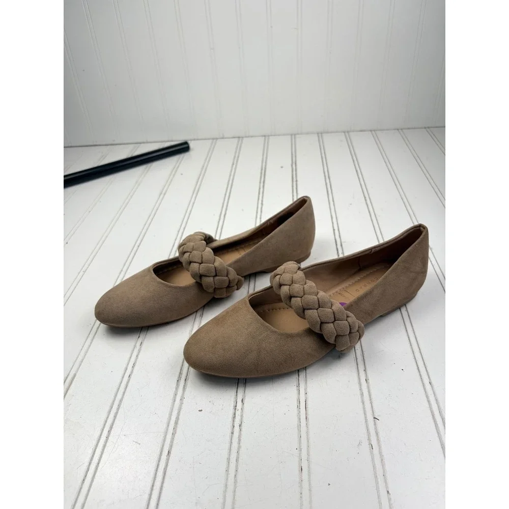 LC Lauren Conrad Gwendolyn Taupe Braided Strap Mary Jane Flats Women's Size 6.5